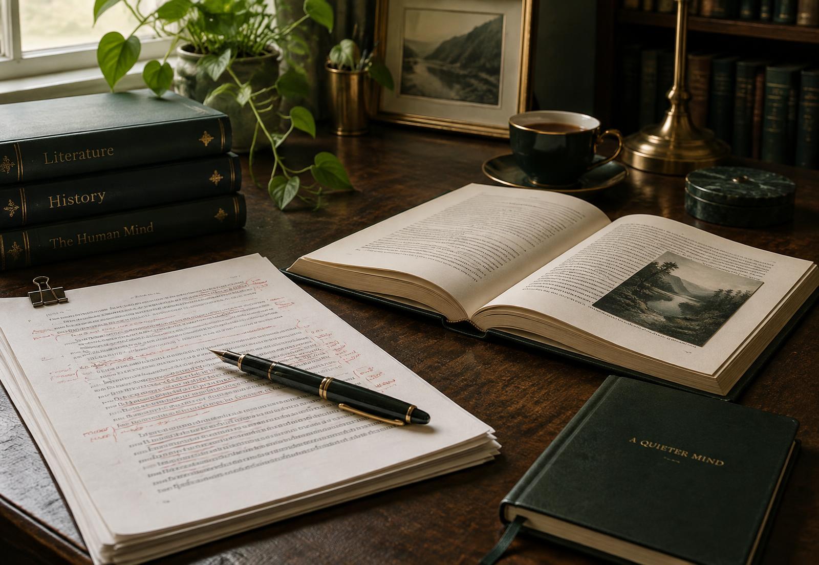 An open book and an edited manuscript with a fountain pen on a wooden desk